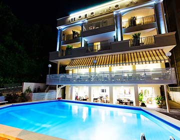 The hotel and the pool at night