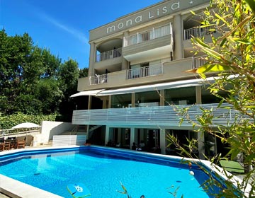 The swimming pool and the facade of the hotel